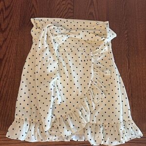Cream Polka Dot Wrap ruffled mini skirt by Karavan Greek designer lined luxury